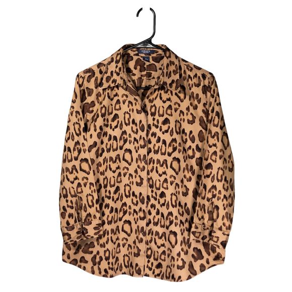 Chaps Ralph Lauren Women's Shirt Button Up Animal Print 3/4 Sleeve Blouse Top L - Picture 1 of 8